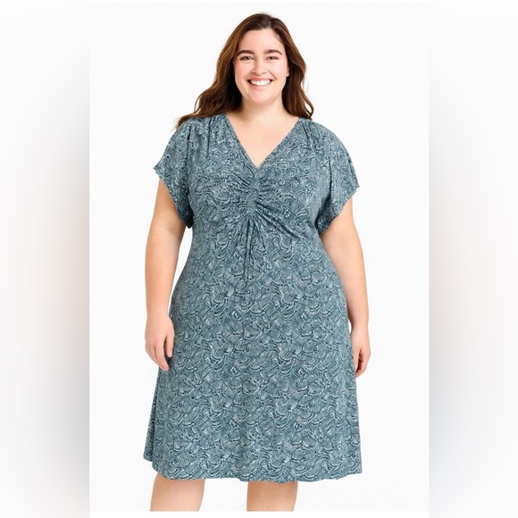 Terra & Sky Women’s Dress 2X Blue Print Short Sleeve Midi Plus Size 20W-22W - Picture 1 of 11